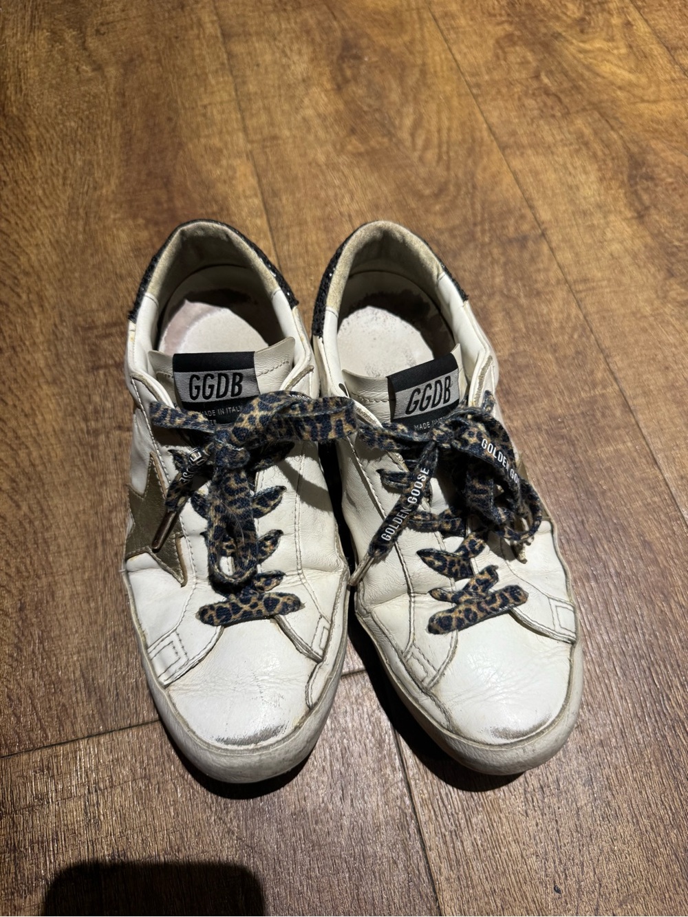 Golden Goose White Sneakers with Leopard Laces and Gold Star